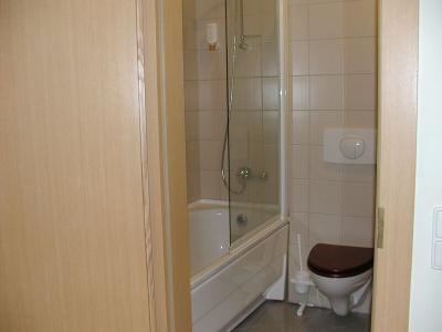 This is an example of a modern bathroom with a tub-shower combination.  Lithuanian soaking tubs are a special pleasure and are readily available.  To the right in this photo but out of view is the sink, dressing area, and a clothes washer. 